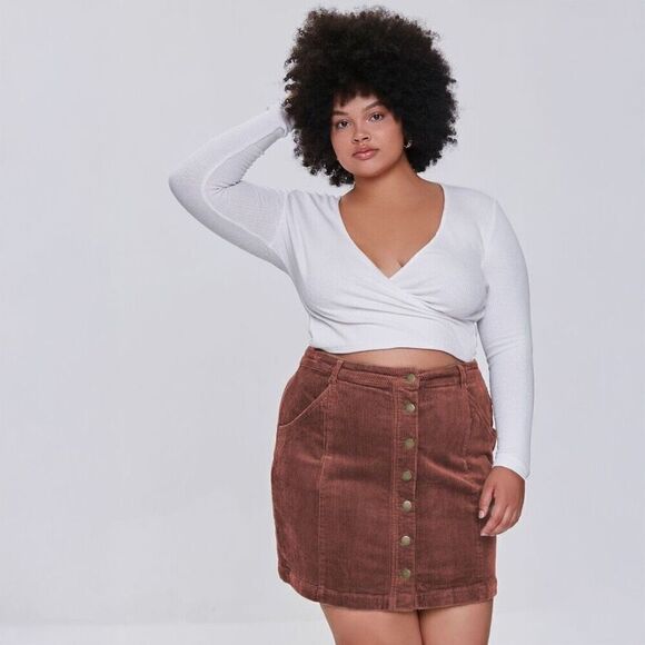 NWOT Forever 21 Plus Size (0X / XXL) Corduroy Mini Skirt, High Waisted, Button-F - Picture 2 of 14